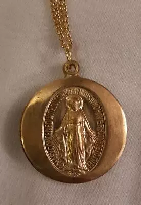 Mid-Sized Vintage Miraculous Mary Lord's Prayer Slider Locket Goldtone Necklace • $19.49