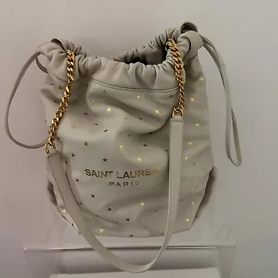 Saint Laurent Gold Star Printed Lambskin Teddy Drawstring Ivory White Bag • £600