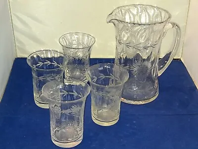 £225 • Buy Antique Victorian Jug With 4 Matching Glasses Lemonade Drinks Set Cut Etched