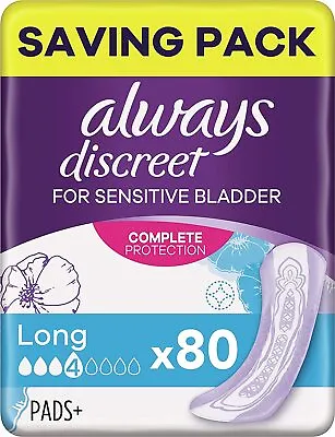 £11.77 • Buy Always Discreet Incontinence Pads For Women Long, High Absorbency Pads 80 Pack