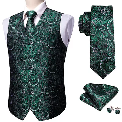 Mens Waistcoat Black Blue Red Paisley Dress Vest Neck Tie Hankie Set Suit Tuxedo • $19.99