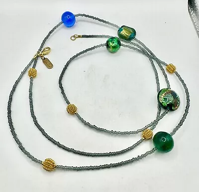 Hilary London Blue Green Gold Glass Beaded Necklace Murano Long 44” • $10