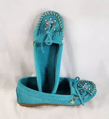 Minnetonka Women’s 6.5 Turquoise Suede Hand Beaded In Kenya Moccasins • $28.55