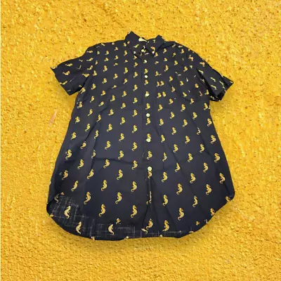 J. Crew 100% Cotton Navy Yellow Seahorse Print Classic Button Shirt SIze Small • $18