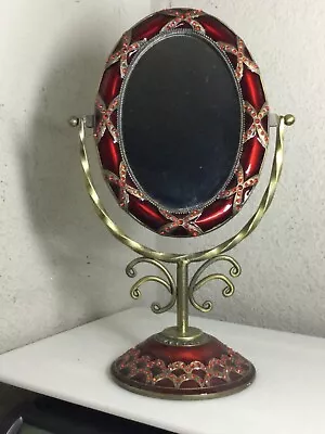 40 Cosmetic Make Up Mirror With Stand-Red Rhinestones And Enameling-Women-EUC • $29.50