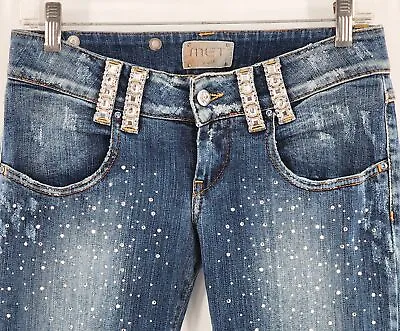 MET Rhinestone Blue Distressed Low Rise Skinny Leg Jeans Made In Italy Size 27 • $129.99