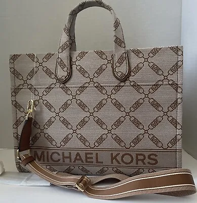 Michael Kors Gigi Extra Large Empire Logo Jacquard Crossbody Natural/Luggaga New • $249