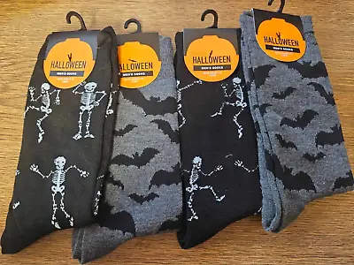 Men's Halloween Socks Crew Half Calf Skeleton In Black & Bats In Grey 4 Pack • $12.99