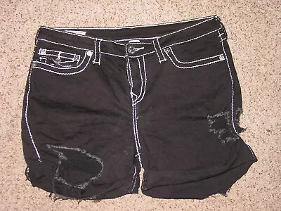 True Religion Black Jayde Big T Cut Off Stretch Distressed Mid Shorts! Size 33 • $89.95