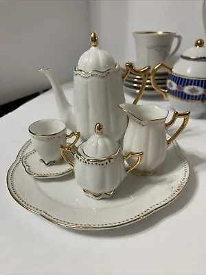 Vintage White Miniature China Tea Set Victorian Gold Trim Genmore Corp 8pcs Doll • $15.99