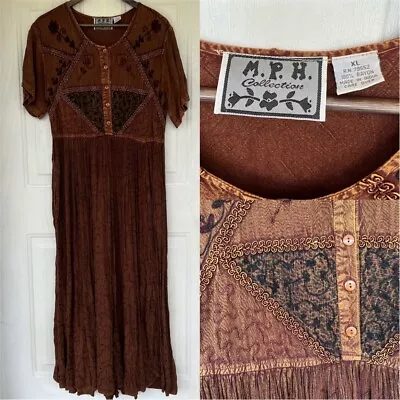 Vintage Maxi Dress Cottagecore MPH Rayon Dark Brown Boho Hippie Size XL 80s 90s • $35.99