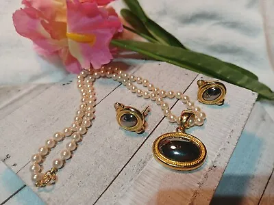 Carlisle Couture Vtg Gold Tone Gripiox Hematite Glass Necklace Clip Earrings Set • $44.77