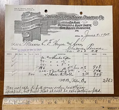 1908 Billhed Niles Iron Steel Roodding Tin Eave Trough Corrugated Niles OH • $15.54