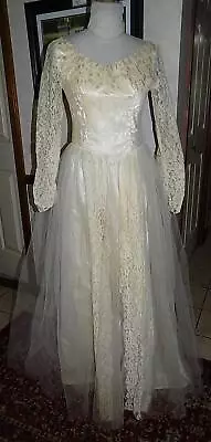Vintage 50s Candlelight Satin Net Lace Wedding Dress Gown B36 • $49.99