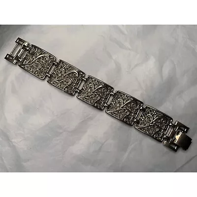 Vintage Fleur De Lis Panel Bracelet Silver Tone Chunky Retro MCM Boho Estate • $21.49