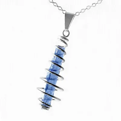 Blue Kyanite Pendant Coil Wire Wrap Crystal On Sterling Silver Necklace Chain • $18.99