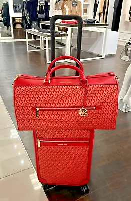 Michael Kors Travel Trolley Suitcase + Duffle Luggage Bag Set Bright Red Multi • $419.95