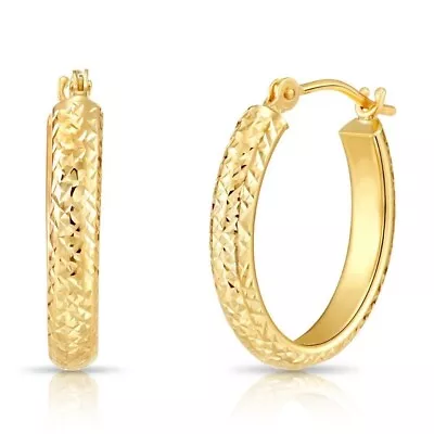 14K Real Solid Gold X Diamond-Cut Chunky Oval Creole Hoops Earrings All Size • $111.35