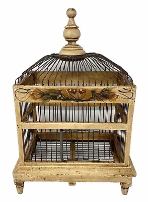 Vintage Hand Painted Wood & Wire Birdcage Dome Design Footed Botanical Folk Boho • $49.99