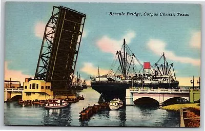 Corpus Christi Texas~Ship Passing Under Bascule Bridge~Vintage Linen Postcard • $3.70