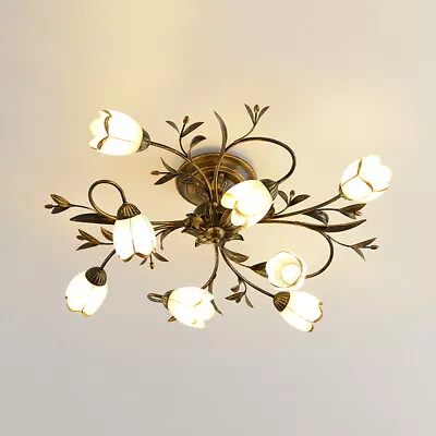 Vintage Style Wrought Iron Chandelier Semi Flush Mount Light With Flower Shade • $199