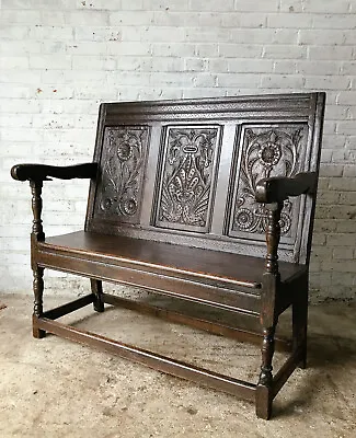 Antique Carved Oak Two Seater Bench / Pew / Hall Seat • £325