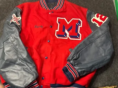 Holloway Old School Red Black Leather Varsity Jacket [m] Hockey 2x Set Costume • $52.49