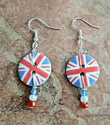 UNION JACK EARRINGS; Wooden Button With Glass Bead Dangles; Silver-plate Earwire • £4.20