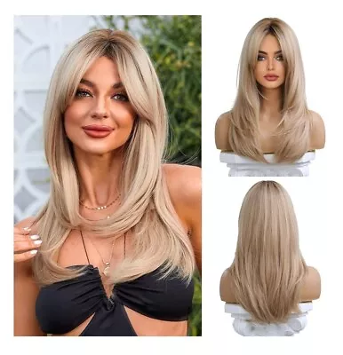 Esmee Long Blonde Wigs For Women Layered Synthetic Hair Ombre Wig With Dark Root • $18.35