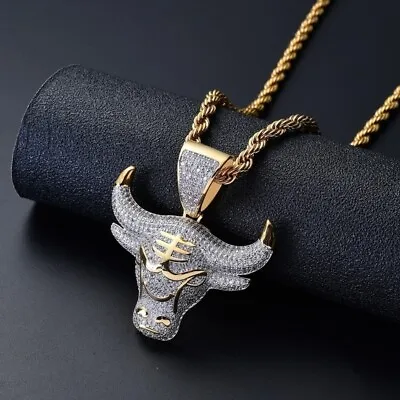 Men's Fashion Jewelry Gold Rhinestone Bull Head Pendant Necklace 251 • $11.66