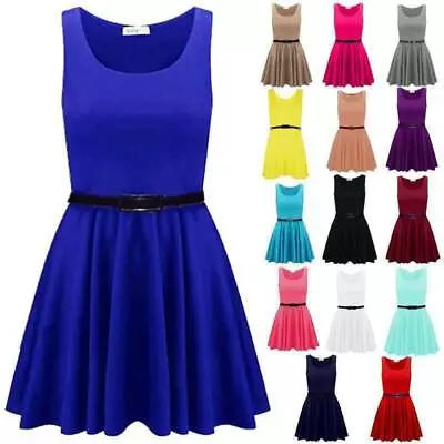 Womans Sleeveless Belted Skater Ladies Dress Shift Style Mini Knee Length 8-26 • £8.99