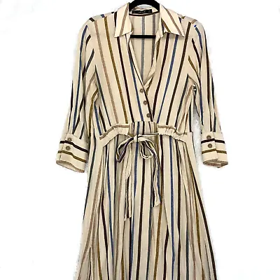 $39.99 • Buy Zara Cream Multicolor Stripe Long Sleeved Belted Dress Size M