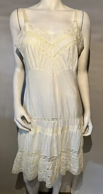 $15 • Buy Vintage 1950s White Cotton Full Slip Short Slip Yellow Lace Inserts Eyelet Trim