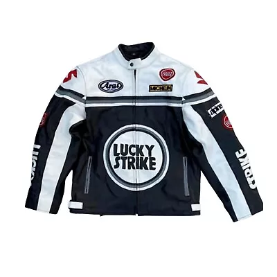 LUCKY STRIKE Motorcycle Racing Leather Jacket For Men Biker Black & White Jacket • $58.33