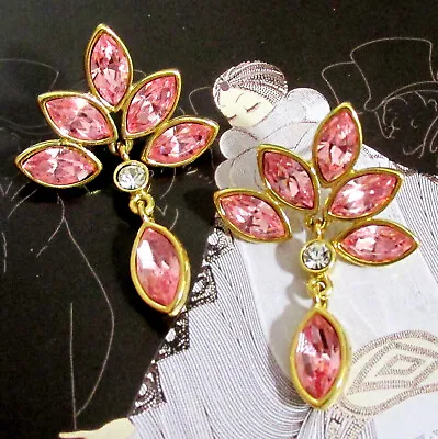 VTG DANGLING PINK/ICE CRYSTAL RHINESTONE MONET GP EARRINGS 80s POSTS EXC • $37.99