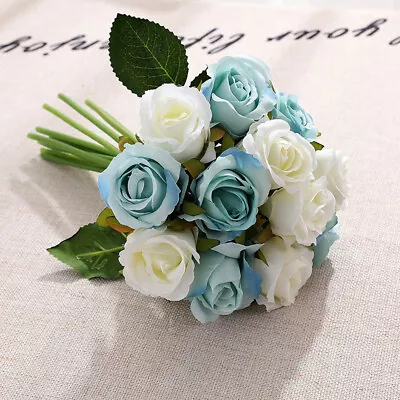 12 Head Artificial Flowers Silk Rose Fake Flower With Stem Wedding Party Bouquet • £6.26