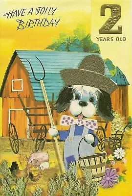 2nd Happy Birthday Vintage Boys Greeting Card ~ 2 Years Old Cute Farmer Dog  • £1.99