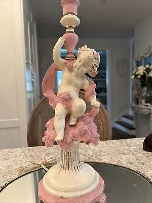 Antique Metal Cherub Lamp Shabby Chic Pink Paint Putti Angel Vtg  • $95