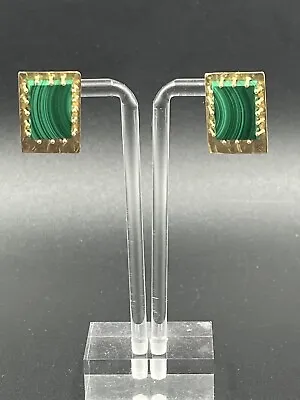 14k Yellow Gold Malachite Earrings Hammered Square Posts 9.69g Artisan • $340