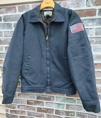 🇺🇲Vintage Uniwear Mechanic Work Jacket  SMALL Navy Blue American Flag Patch • $50