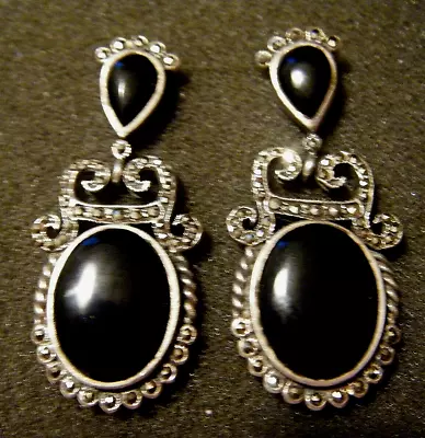 Vintage Art Deco Sterling Silver Onyx W Marcasite Drop Dangle Earrings Post Back • $35.99