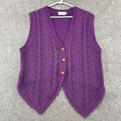 VINTAGE Cable Knit Sweater Womens Medium Purple Cardigan Vest Cotton? USA 90s • $7.49