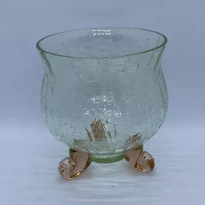 VINTAGE GREEN PINK CRACKLE GLASS FOOTED POSY VASE Studio Art Glass • £16.50