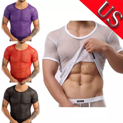 US Men Mesh T-Shirt Tops Fishnet Short Sleeve See Through Undershirts Clubwear • $10.22