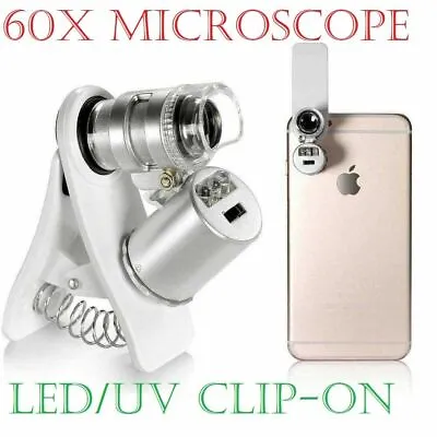 60X Clip-On Microscope Magnifier With LED/UV Lights For IPad IPhone X 8 7 6 Plus • £3.99