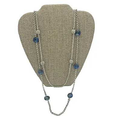 Signed Monet Silver Tone Layered Station Blue & Spring Wrap Bead 32” Necklace • $7.95