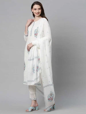 £35.40 • Buy Indian Suit White Cotton Kurti Pant Dupatta  Ethnic Pakistani Salwar Kameez
