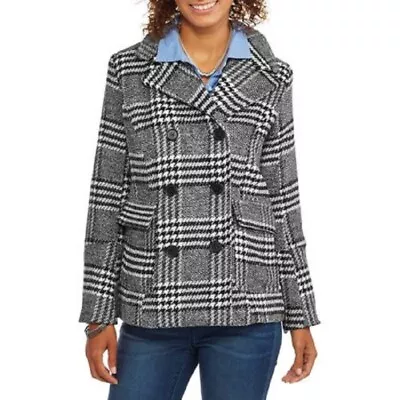 Maxwell Studio Women's Faux Wool Classic Plaid Double-Breasted Peacoat • $23.79
