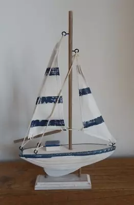 Sailing Boat Yacht Ornament Wood Rustic Nautical Sea Fabric Sails Bathroom Décor • £12.15