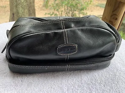 VTG Fossil Toiletry Bag Mens Black Genuine Leather Dopp Kit Logo Contrast Stitch • $35.99